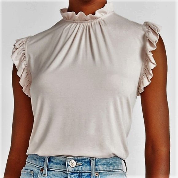 BRAND NEW Ruffle Trim Mock Neck Tank in Pale Pink *NWT* - Picture 1 of 16